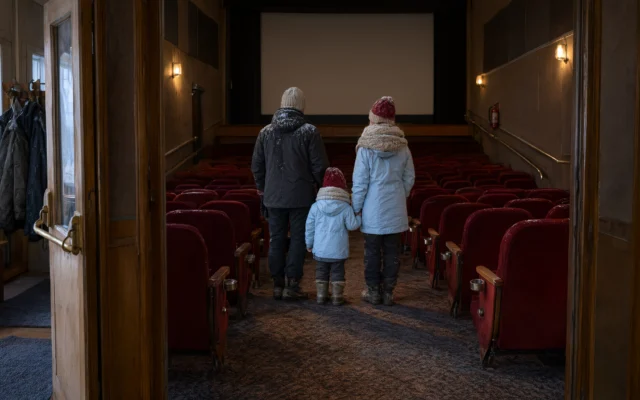 Takaa kuvattu perhe talvivaatteissa pienen elokuvateatterin käytävällä. He seisovat punaisten penkkirivien välissä katsoen kohti valkokangasta. Vasemmalla on avoin puuovi ja ikkuna.