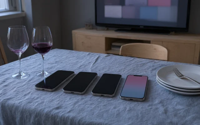 Neljä älypuhelinta rivissä rypistyneellä pellavaliinalla, kaksi viinilasia, valkoisia lautasia ja haarukka. Taustalla hämärtyvä televisio ja puinen taso.