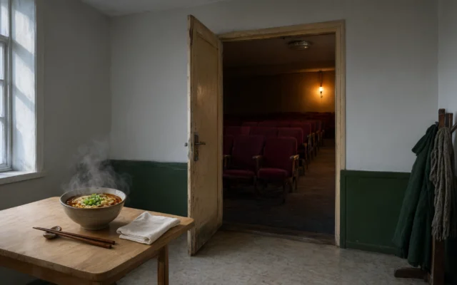 Kylmä talvinen ikkuna ja lämmin nuudelikeitto puupöydällä avoimen salinoven edessä, josta näkyy punaisia teatterituoleja.
