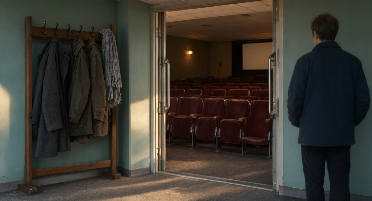 Pieni elokuvateatterin aula, jossa avoimesta ovesta näkyy kuluneita punaisia istuimia. Naulakossa roikkuu talvitakkeja ja huivi, ja tummaan takkiin pukeutunut henkilö seisoo selkä katsojaan päin.